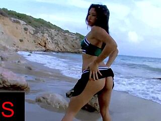 Beautiful seaside brunette slut takes cock deep in shaved pussy and tight ass.