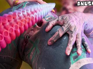 Goth babes fist gaping assholes with huge dildos and vibrators riding wild