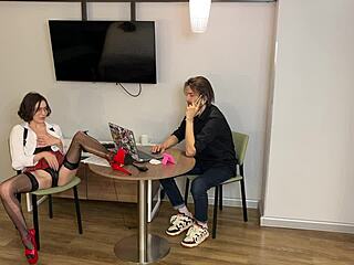 slutty secretary squirts on office floor with boss cum on glasses