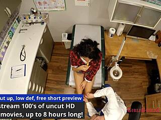 Yasmine Woods curly latina exam with gloves heels skirt spreading tits