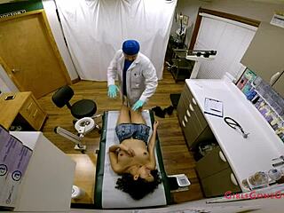 Yasmine Woods curly latina exam with gloves heels skirt spreading tits