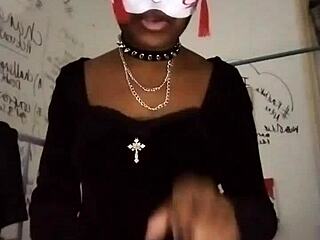 Goth dominatrix teases natural tits in high heels to drain balls