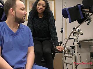 Yasmine Woods curly latina exam with gloves heels skirt spreading tits