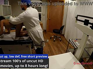 Yasmine Woods curly latina exam with gloves heels skirt spreading tits