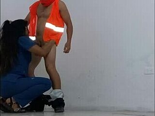 Uh, the janitor... he got seduced by hospital nurse, condom on, fucks her standing like slut...