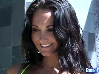 Stunning babe posing in net bikini, boobs out! 🔥👙