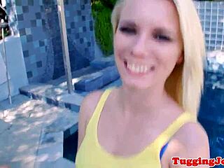 cute neighbor teen sneaks out to tug and suck cock close-up in the yard