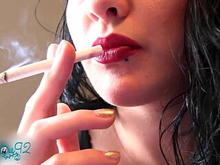 experienced brunette housewife puffs cigarette in fetish matte red lipstick tease