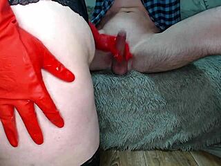 i crave your cum from my chubby hands in rubber red gloves handjob