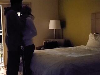 hotel door wide open as hot couple invites watching with rough missionary riding