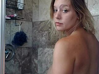 pregnant blonde bombshell masturbates horny with dildo in wet shower