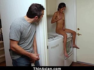 asian teen petite 18+ yanks out his monster cock watching her tight pussy!