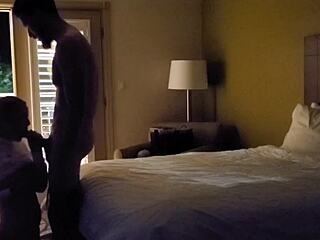 hotel door wide open as hot couple invites watching with rough missionary riding