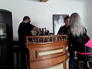 Married blonde bride sneaks bar blowjob and bareback fuck while hubby waits nearby