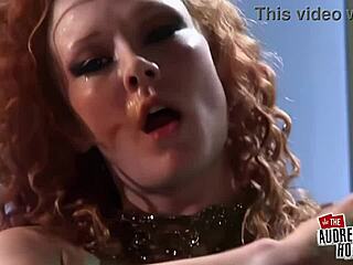 Audrey grinds latex bikini cue ball hard to explosive orgasm
