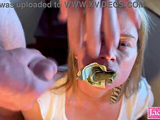 dollar bills cram big clit pussy during rough handjob facial cumshot!