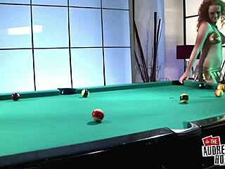 Audrey grinds latex bikini cue ball hard to explosive orgasm