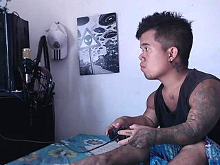 While the little guy plays video games his horny stepsister sneaks in craving his cock play