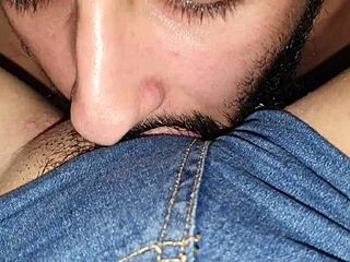 latina pornstar sucks clit and pussy without taking off jeans before creampie