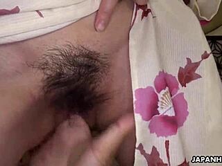 japanese brunette shino aoi in kimono slurps hard cock close-up uncensored