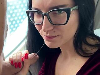german brunette in glasses bends over office desk for doggystyle cum covered fuck