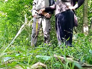 Chubby milf teases lover with hairy beaver in park