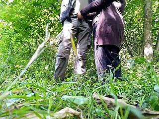Chubby milf teases lover with hairy beaver in park