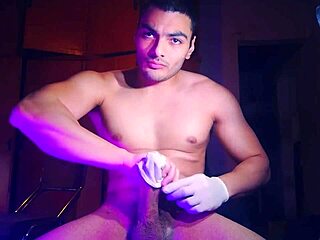 sexy mora blue gives handjob with gloves