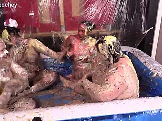 four curvy bisexual babes get messy with food licking pussies at wild party