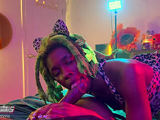 Petite ebony furry wants to swallow cum with her two tongues